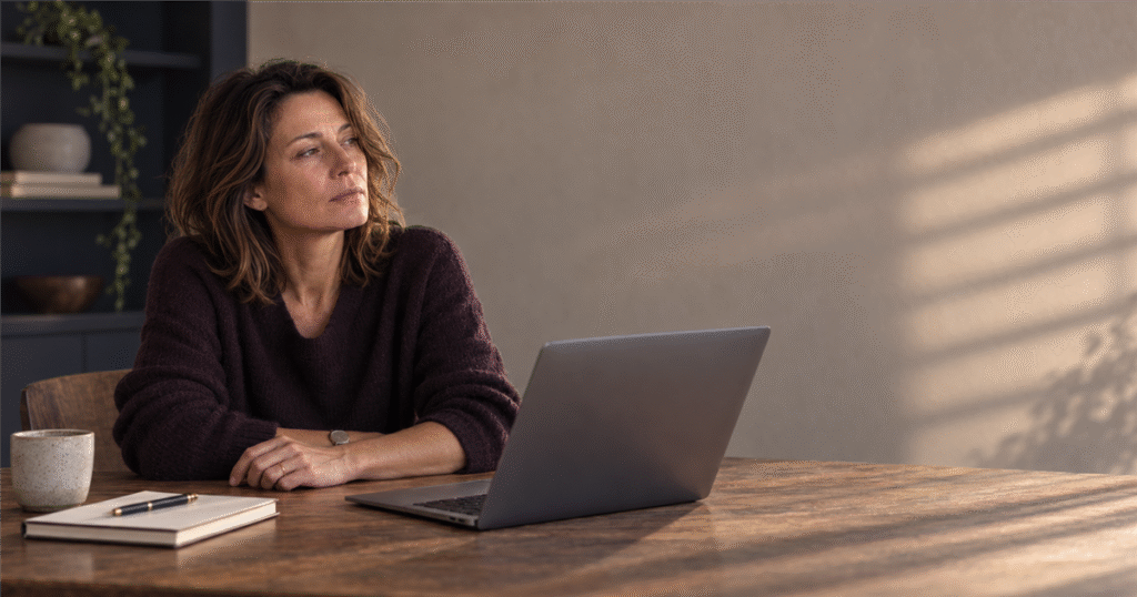 Erschöpfte Frau sitzt nachdenklich an einem Tisch vor einem geöffneten Laptop.